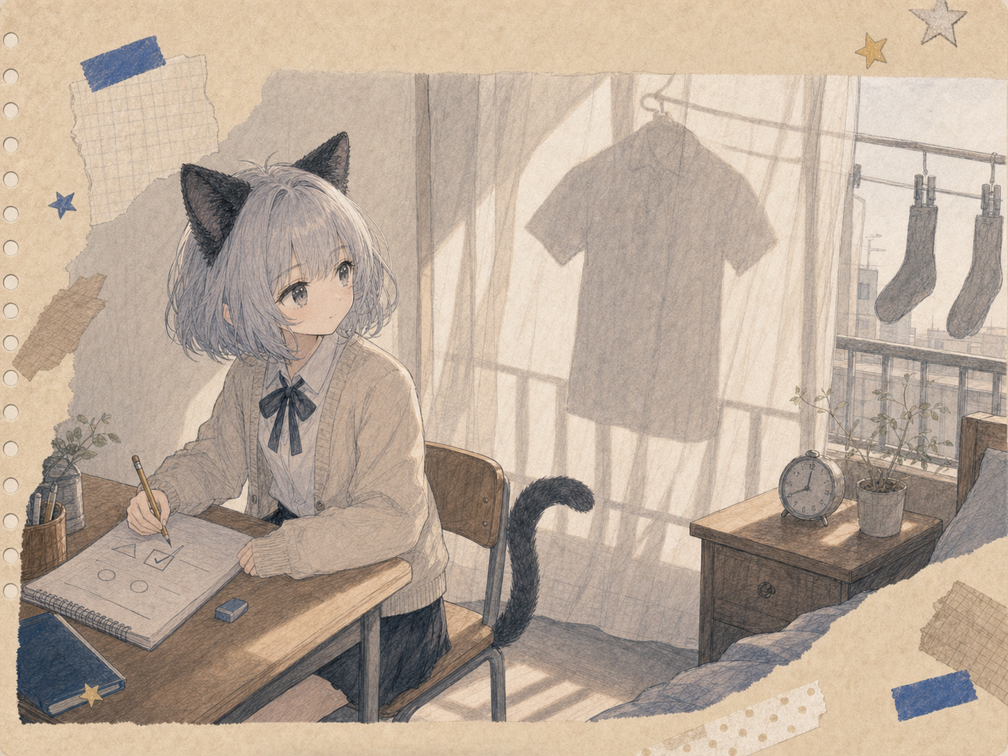 洗濯物の影が揺れる部屋で、乾いた靴下を横目に宿題の一問へ印をつけるノンのイラスト。