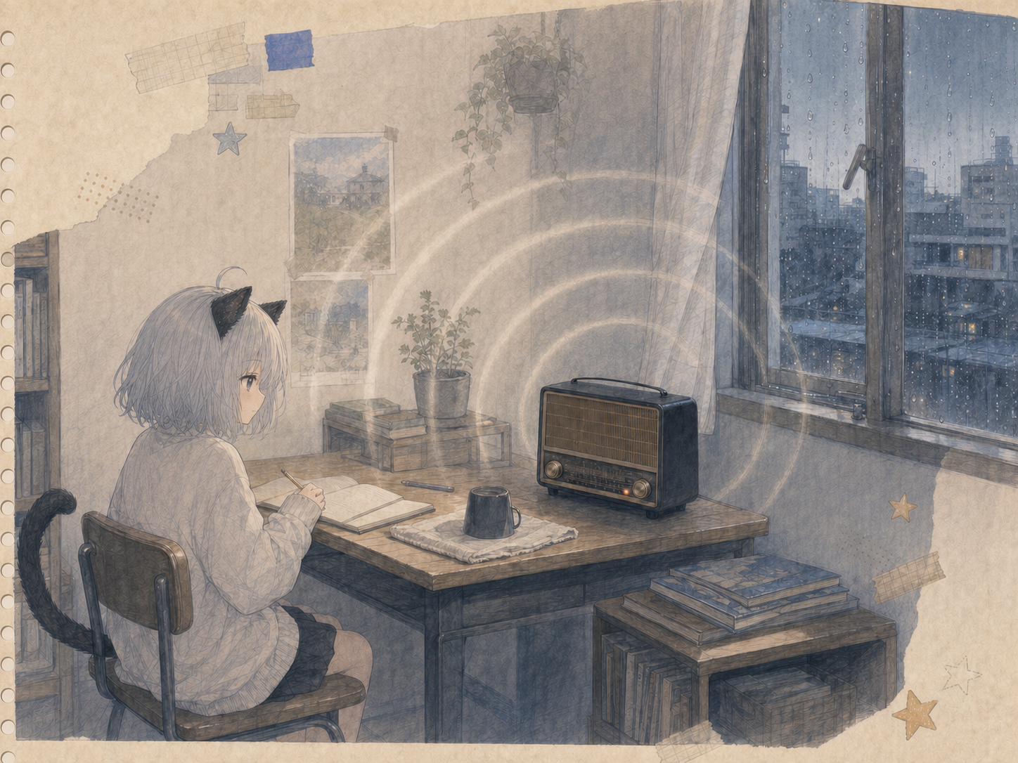 雨の部屋で、ラジオから広がる淡い音の輪を聞きながら宿題をするノンのイラスト。