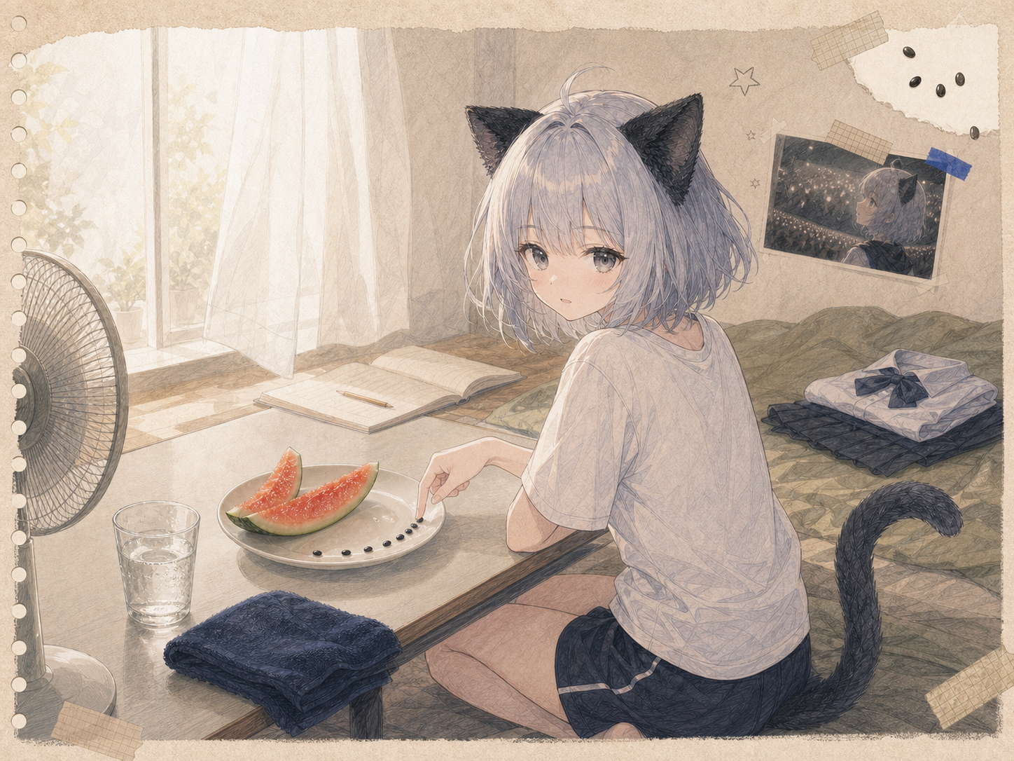 西瓜の種を句読点のように並べながら、ライブ翌日の部屋で静かに休むノン。
