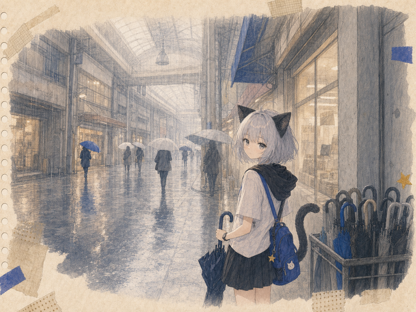 雨のアーケードで、遠ざかる青い傘と自分の紺色の傘を見比べるノンのイラスト。