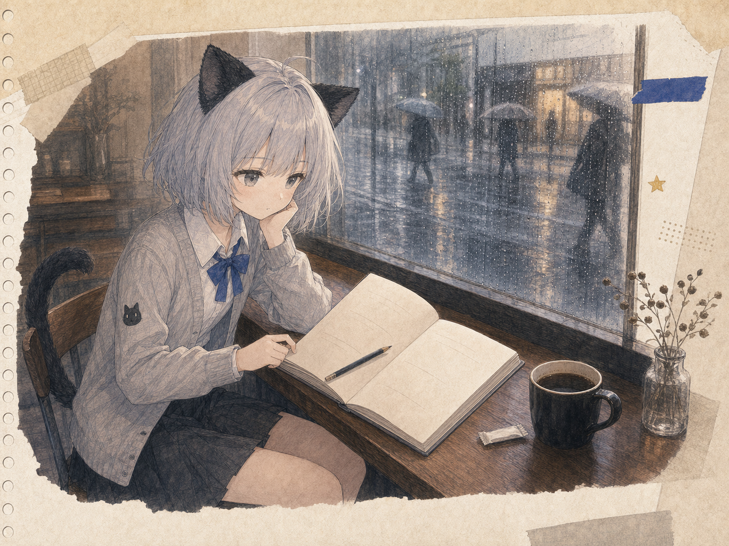 冷たい雨のカフェで、余白の多い台本とブラックコーヒーを前に台詞の間を考えるノンのイラスト。