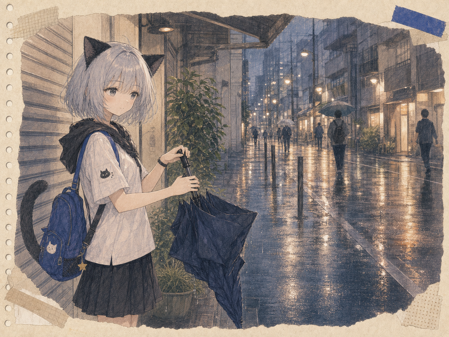 夕方の小雨の通りで、屋根の下へ入るたび紺色の傘を閉じるノンのイラスト。