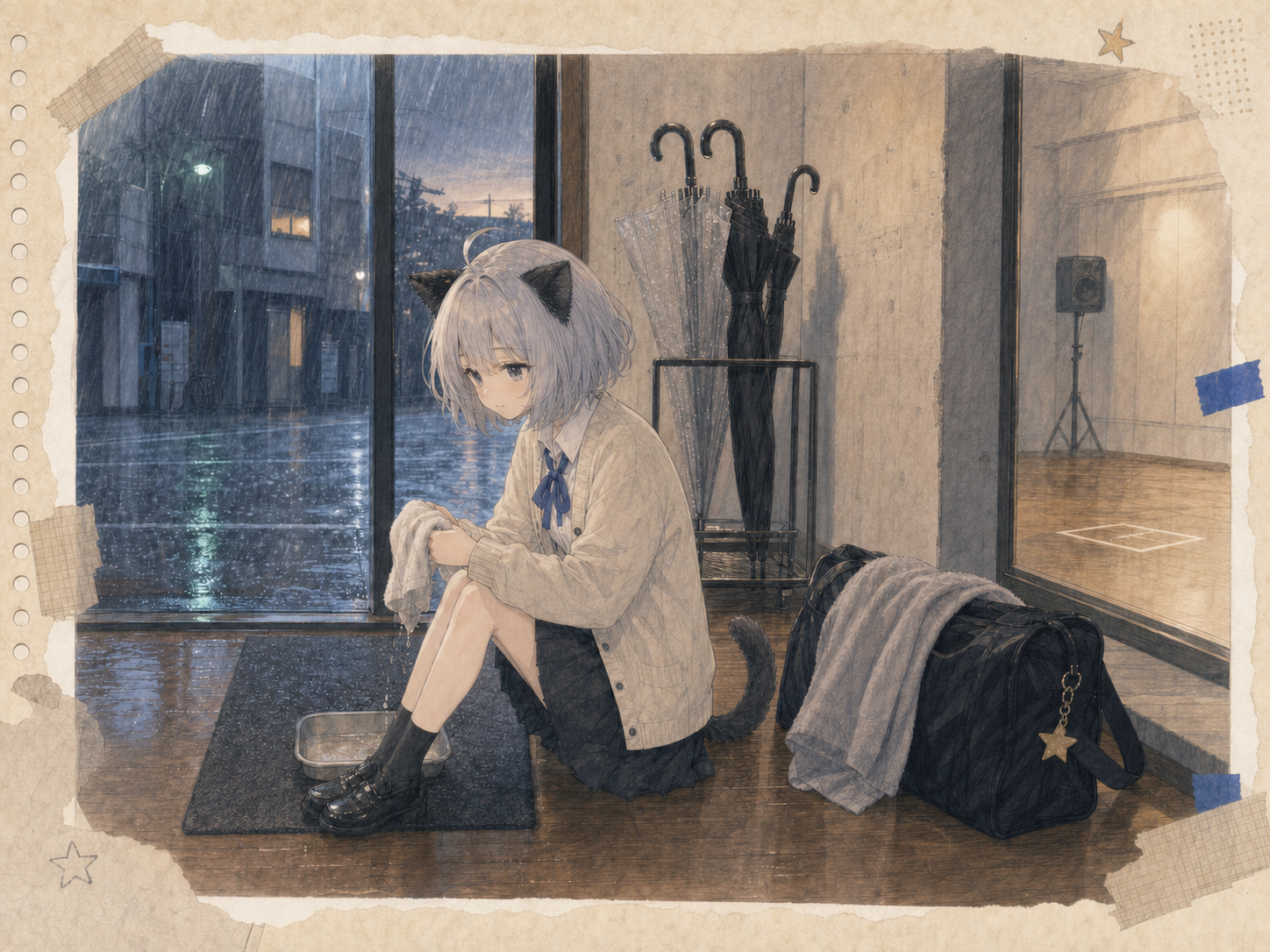 大雨のスタジオ入口で、濡れた靴をマットに置き、荷物と一緒に疲れたタオルの端を絞るノンのイラスト。