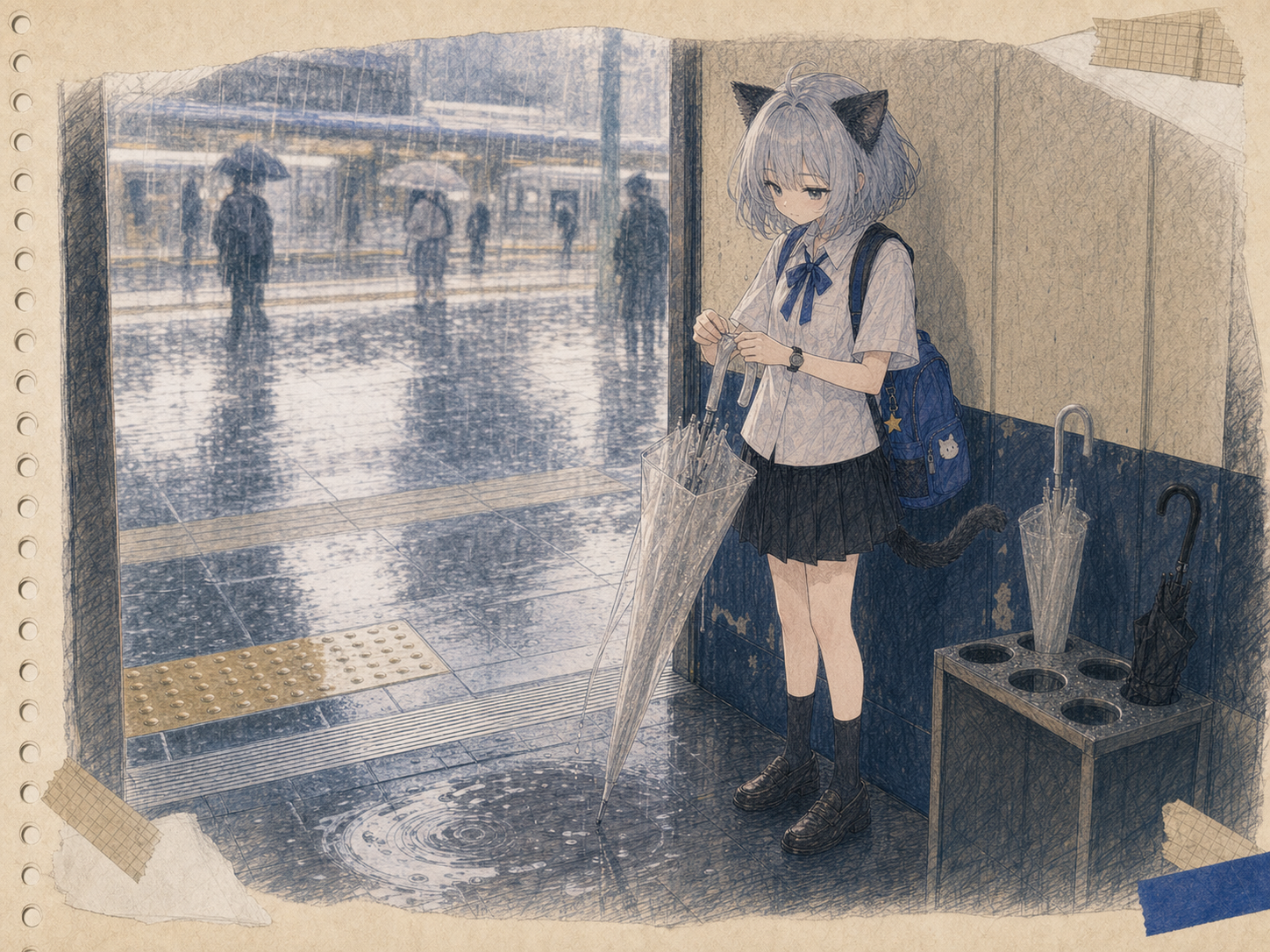 雨の駅入口の端で、濡れた透明傘の留め具を静かに直すノンのイラスト。