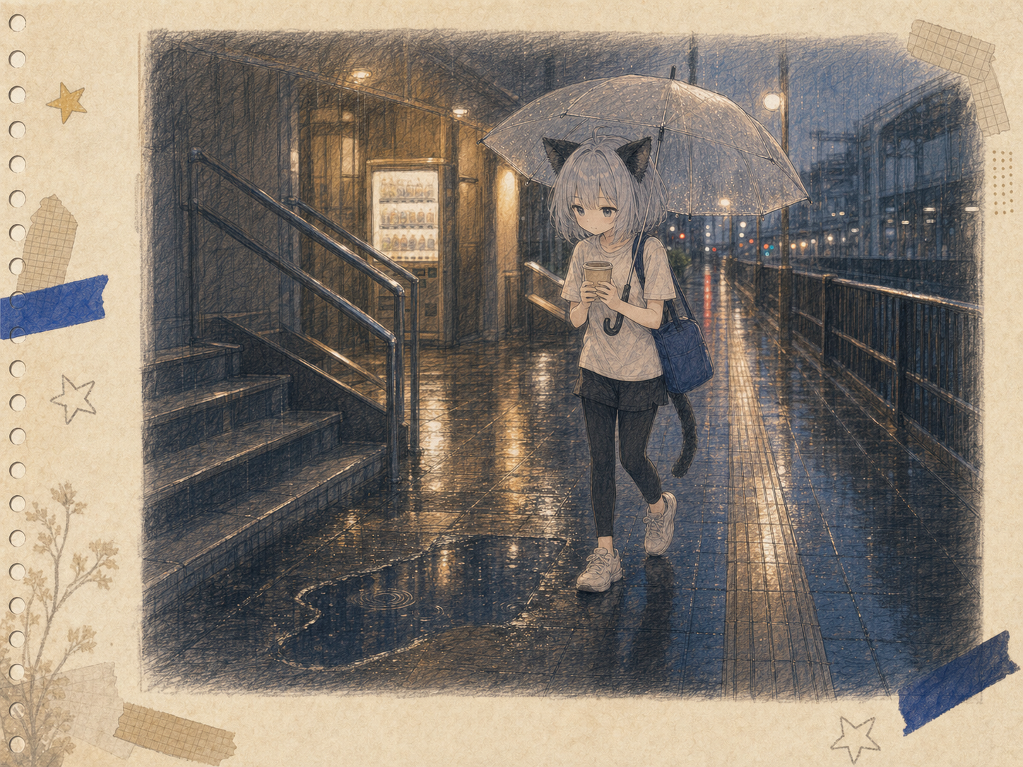 浅草橋の雨の中、水たまりを避けながら傘の内側で温かい紙カップを両手に包むノンのイラスト。