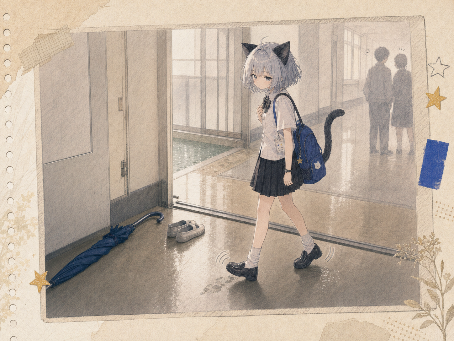 雨で濡れたローファーの音を気にしながら、静かな学校の廊下を慎重に歩くノンのイラスト。