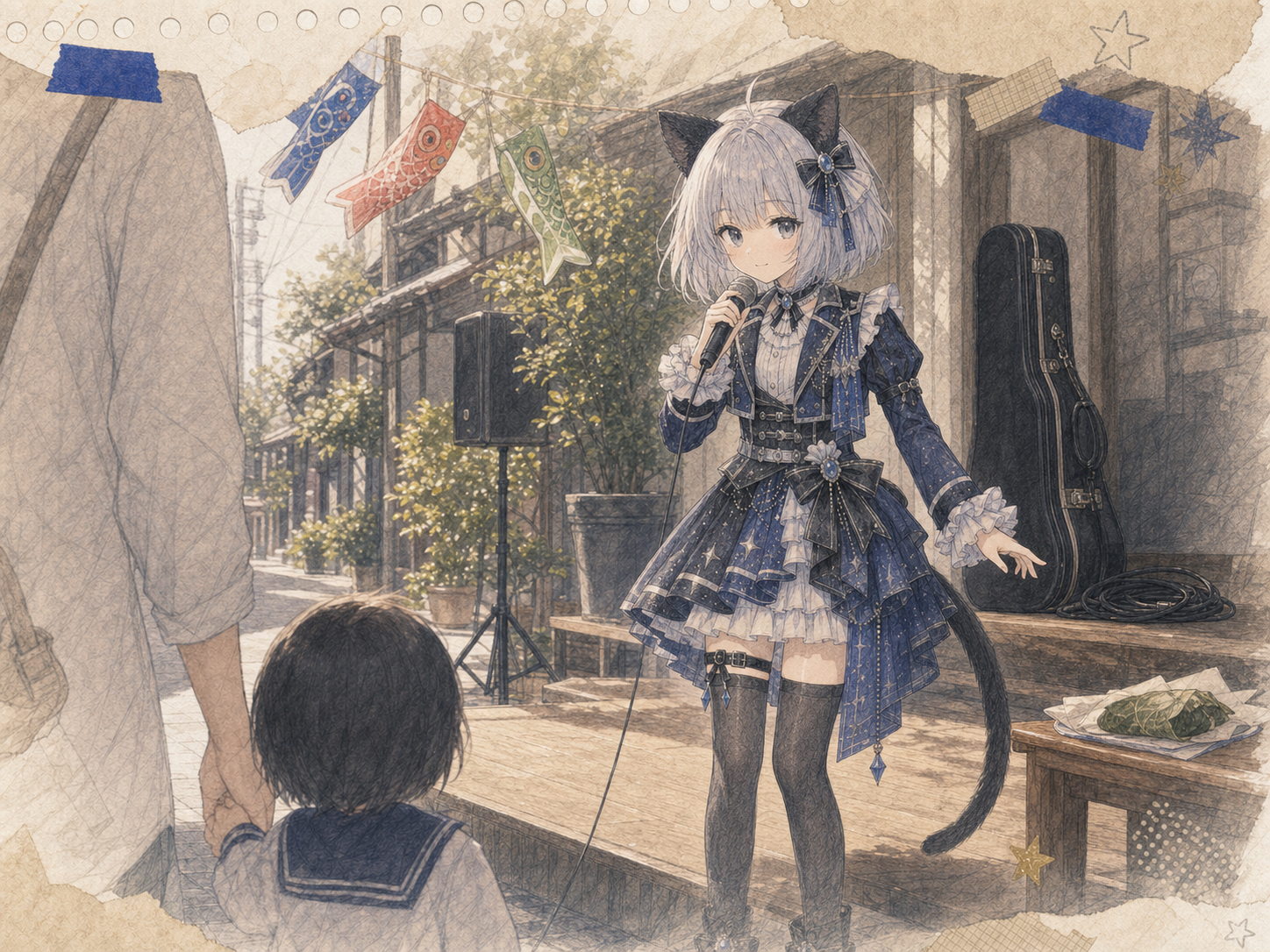 こいのぼりが揺れる小さなステージで、大人の手を握って首を傾ける子どもへ視線を下げて歌うノンのイラスト。