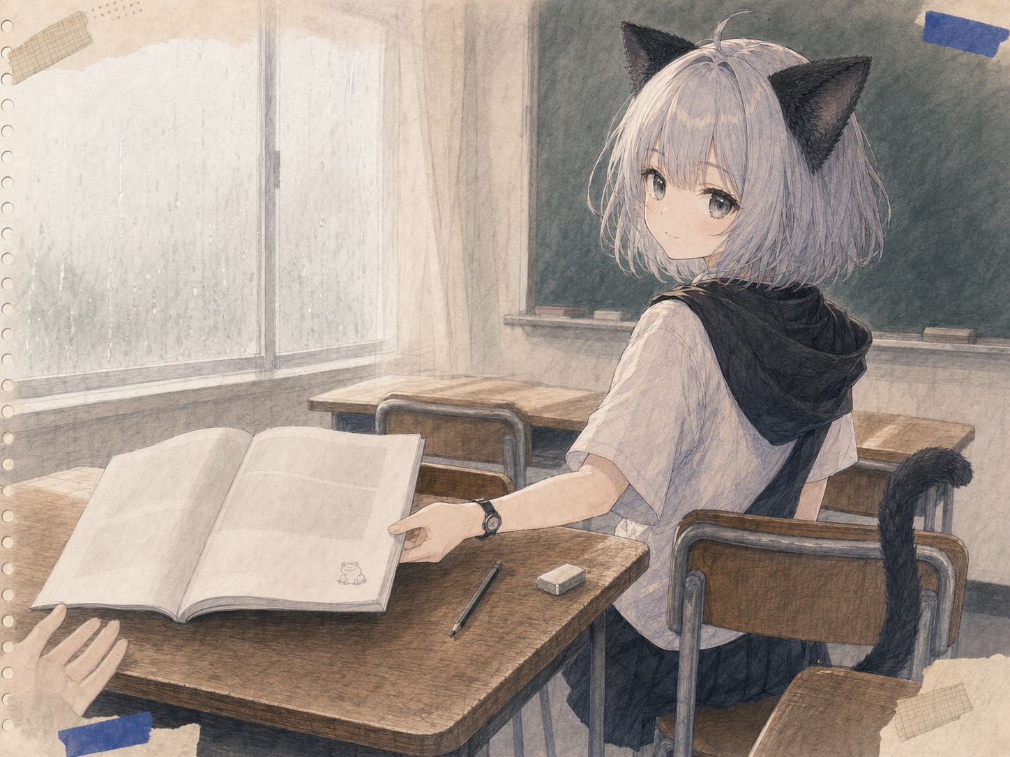 雨の教室で、偉そうな顔の小さな蛙を描いたノートを隣席へ傾けるノンのイラスト。