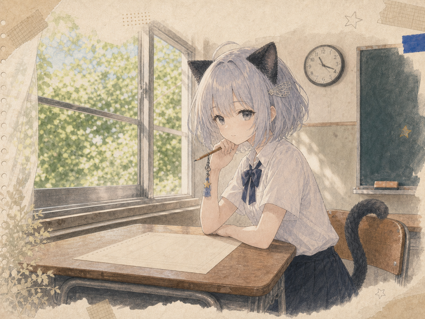 蝉の声が届く夏の教室で、白い夏服のノンが答案と鉛筆に静かに向き合っている。
