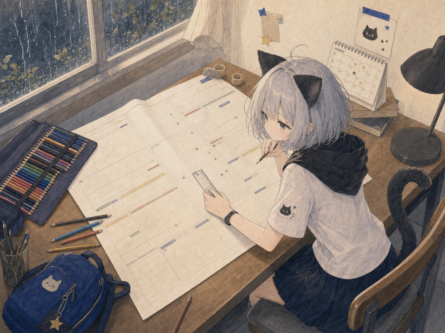広く見える試験範囲を、色鉛筆と小さな星で一日ずつ予定へ分けるノン。