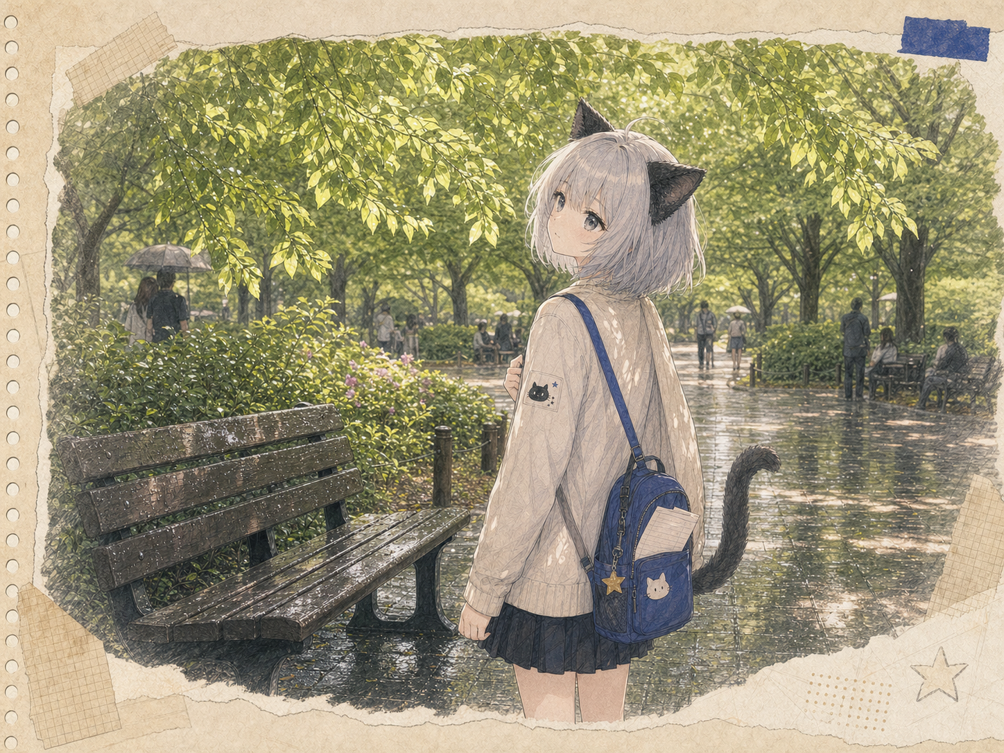 小雨のあとの上野公園で、木陰に集まる人々のそばから明るい葉の裏を見上げるノンのイラスト。