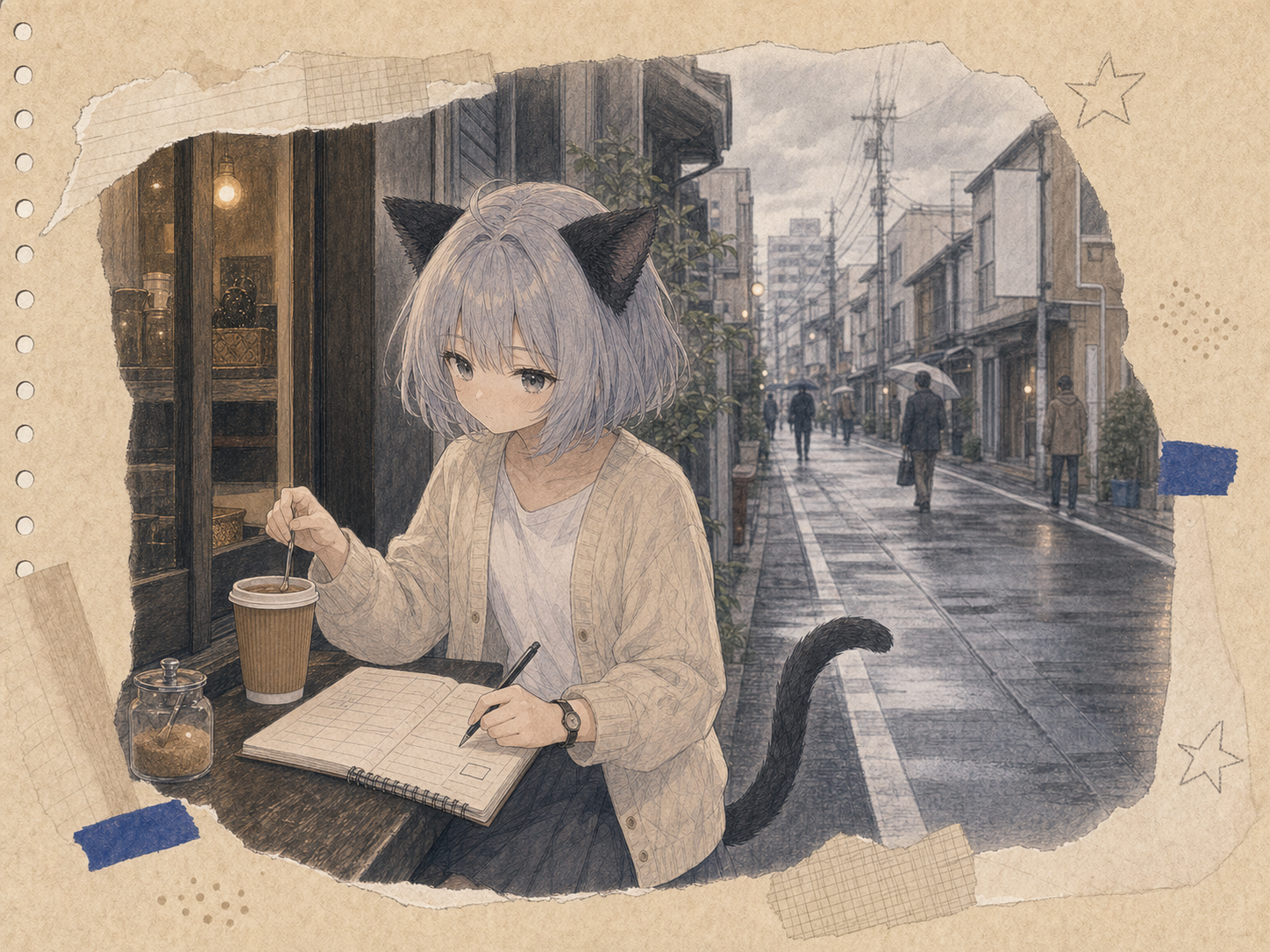 曇った蔵前の店先で、予定表に休みの空白を残しながらコーヒーへ少し砂糖を入れるノンのイラスト。