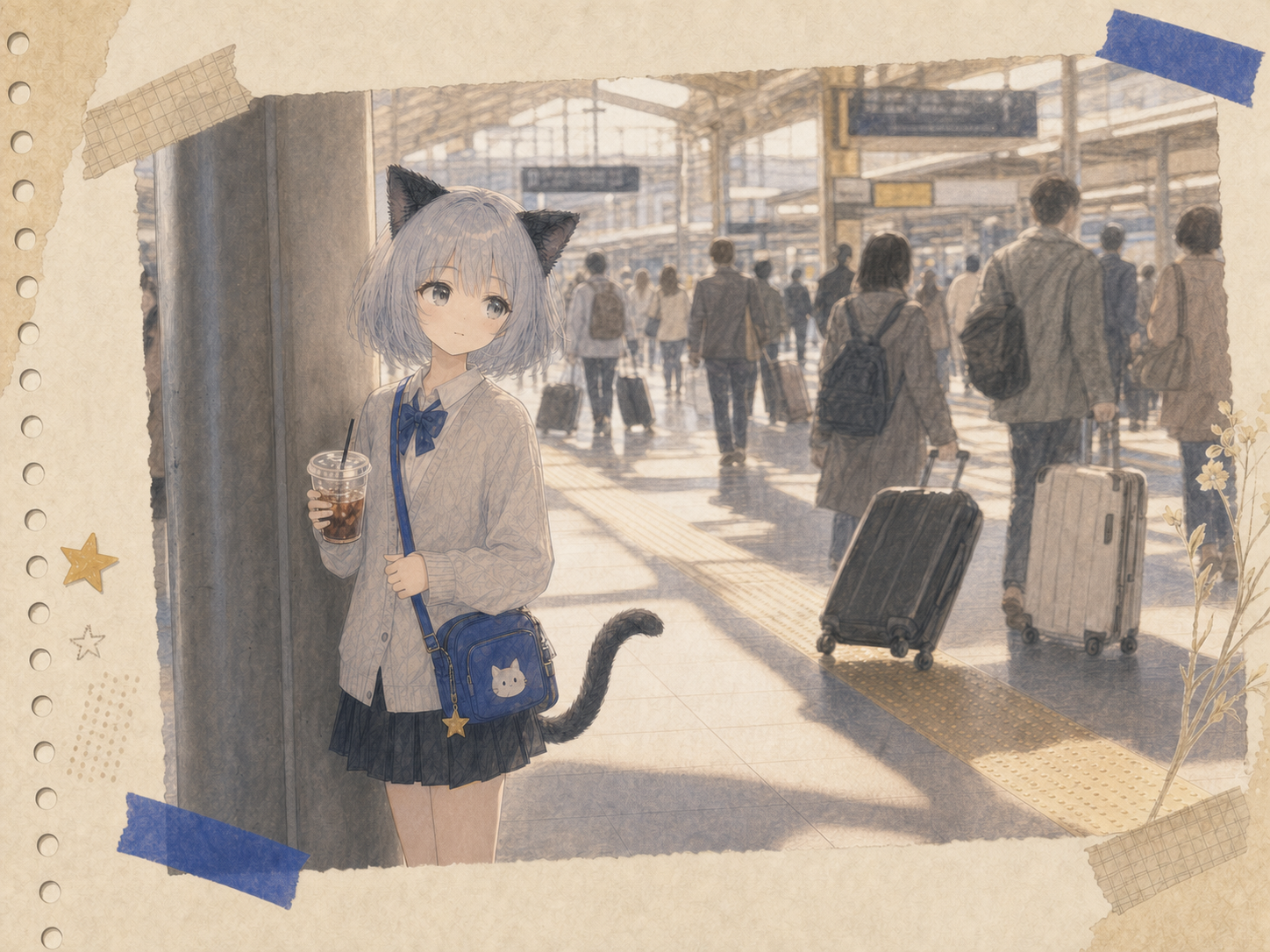 連休の明るい駅で、氷の鳴るコーヒーを持ちながら大きな荷物で先を急ぐ旅行客を見るノンのイラスト。