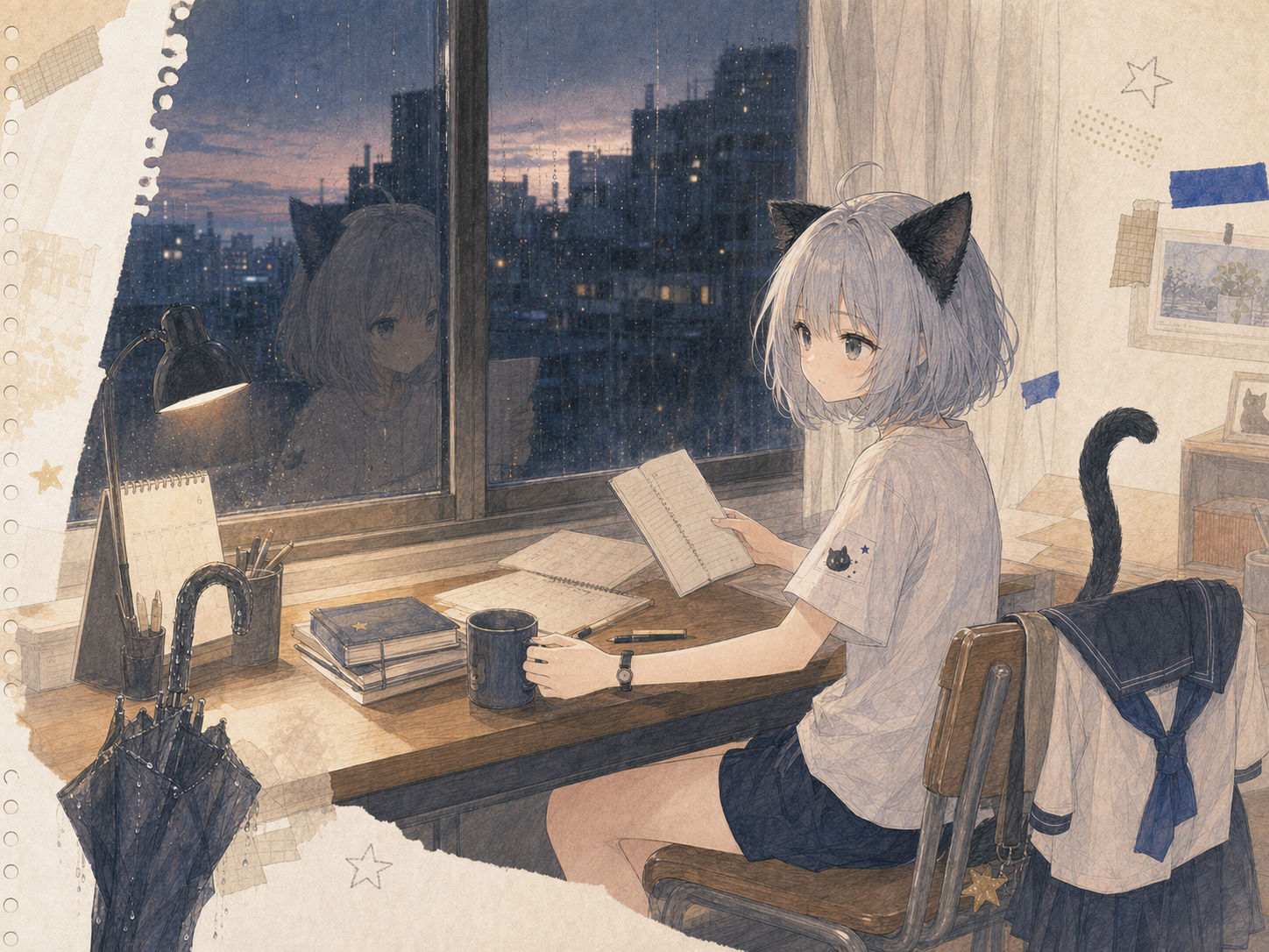六月最後の夜、窓に映る自分と机を見ながら過去の日記を読み返すノン。