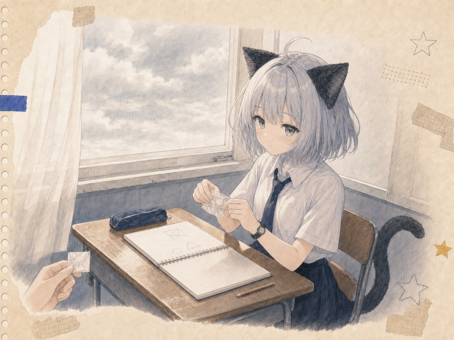 曇り空の窓側の席で、授業ノートの横にパンの袋を小さな四角へ折るノンのイラスト。