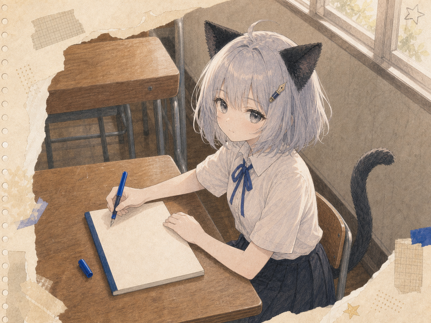 夏の教室で、青いリボンの夏服を着たノンが青いペンとノートを見つめている。