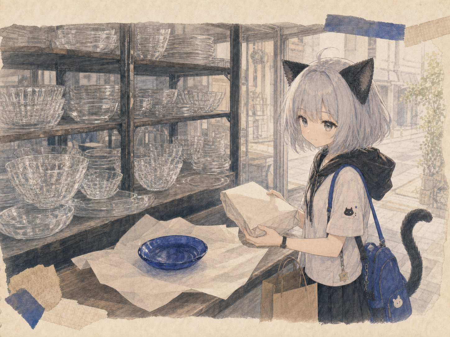 透明な器の並ぶ店先で、包まれて静かになった青い皿を両手で支えるノンのイラスト。