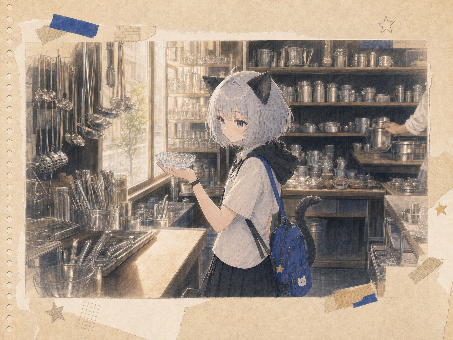 午後の光が戻ったかっぱ橋の道具店で、青い照明を想像しながら透明な小皿を手に取るノンのイラスト。
