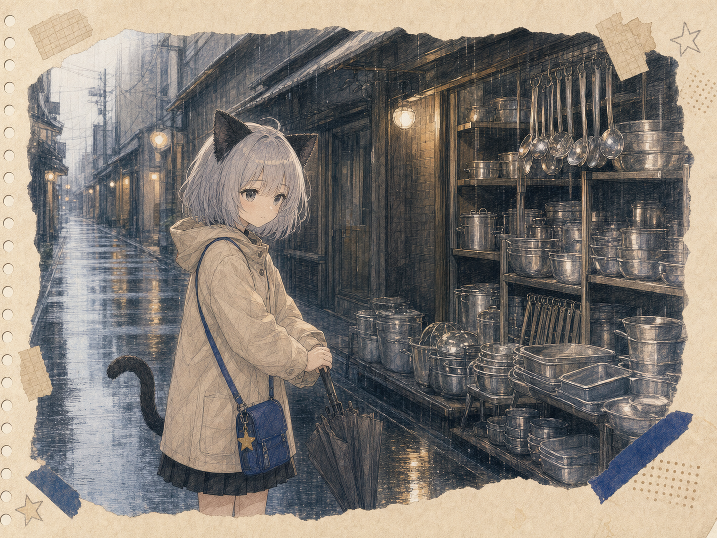 雨のかっぱ橋で傘を閉じ、軒下で静かに光る鍋やおたまから知らない家の夕食を想像するノンのイラスト。