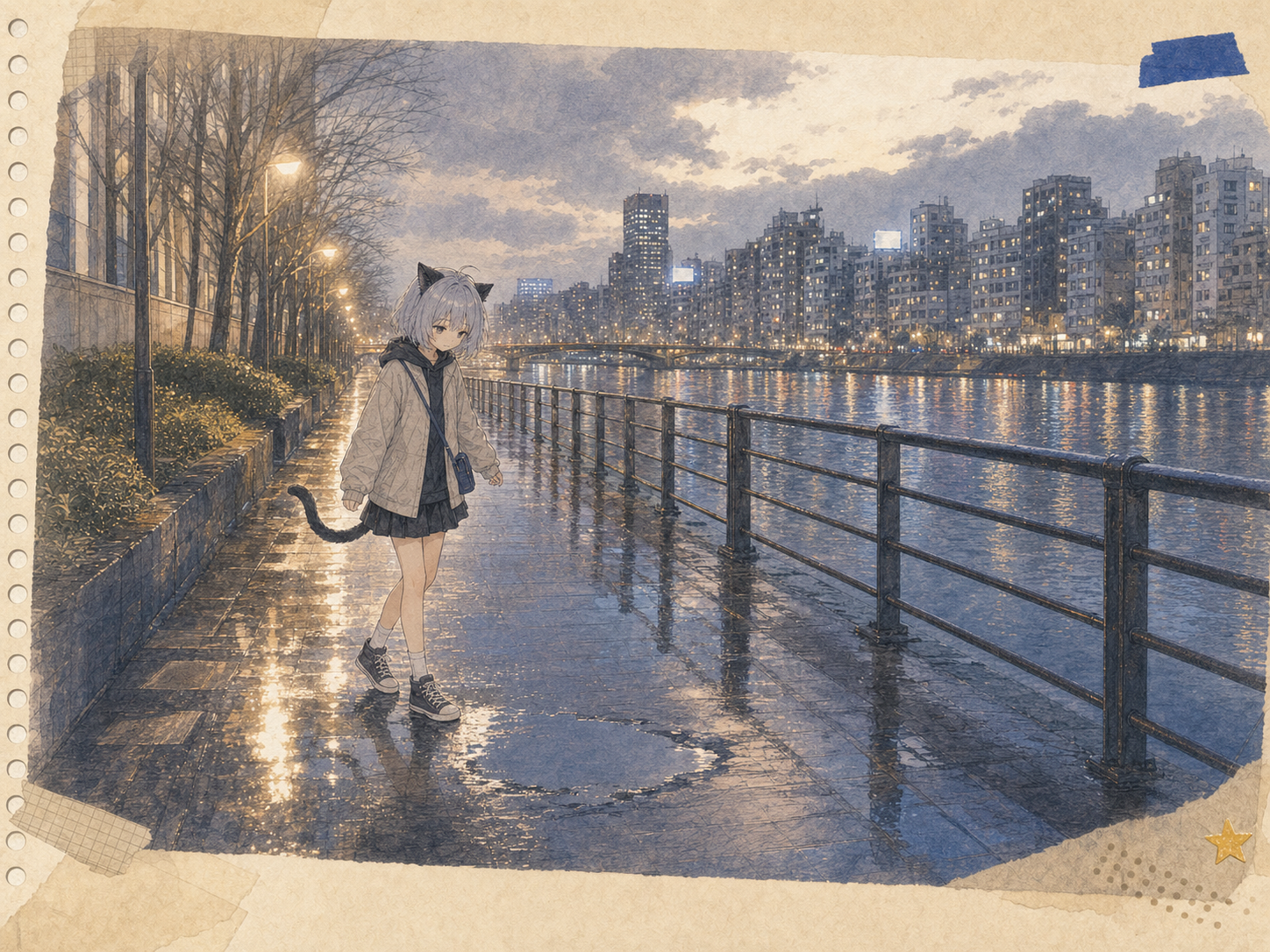 雨上がりの蔵前の川沿いで、街が増えたように光を返す濡れた歩道を慎重に歩くノンのイラスト。