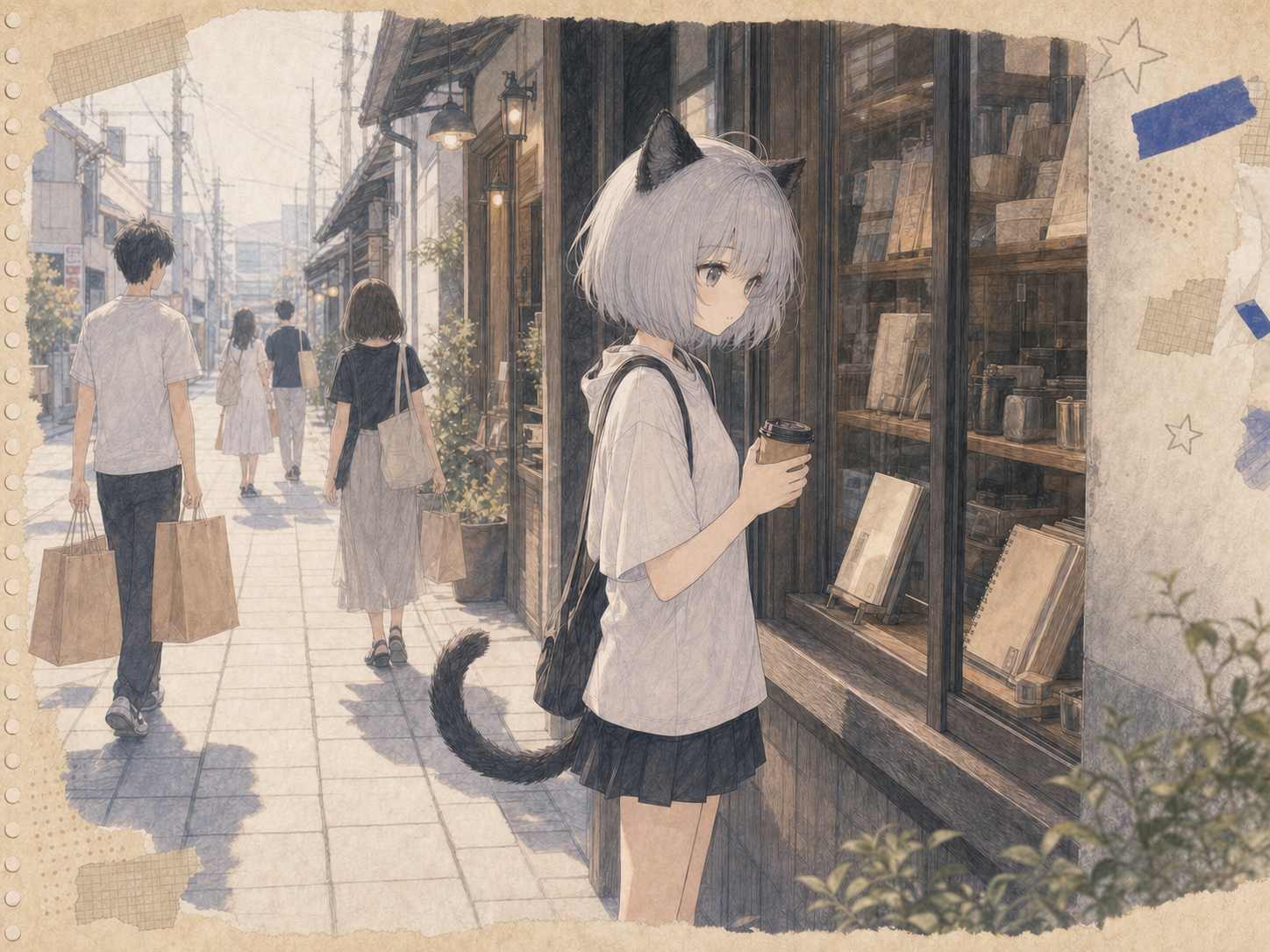 蔵前の雑貨店の窓辺で小さなノートを眺め、通りを行く人の紙袋の揺れに気分を読むノンのイラスト。