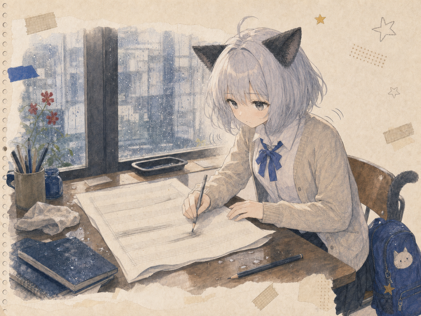 雨で波打ったノートに濃い鉛筆線を引き、肩と筆圧の力を少し抜こうとするノンのイラスト。