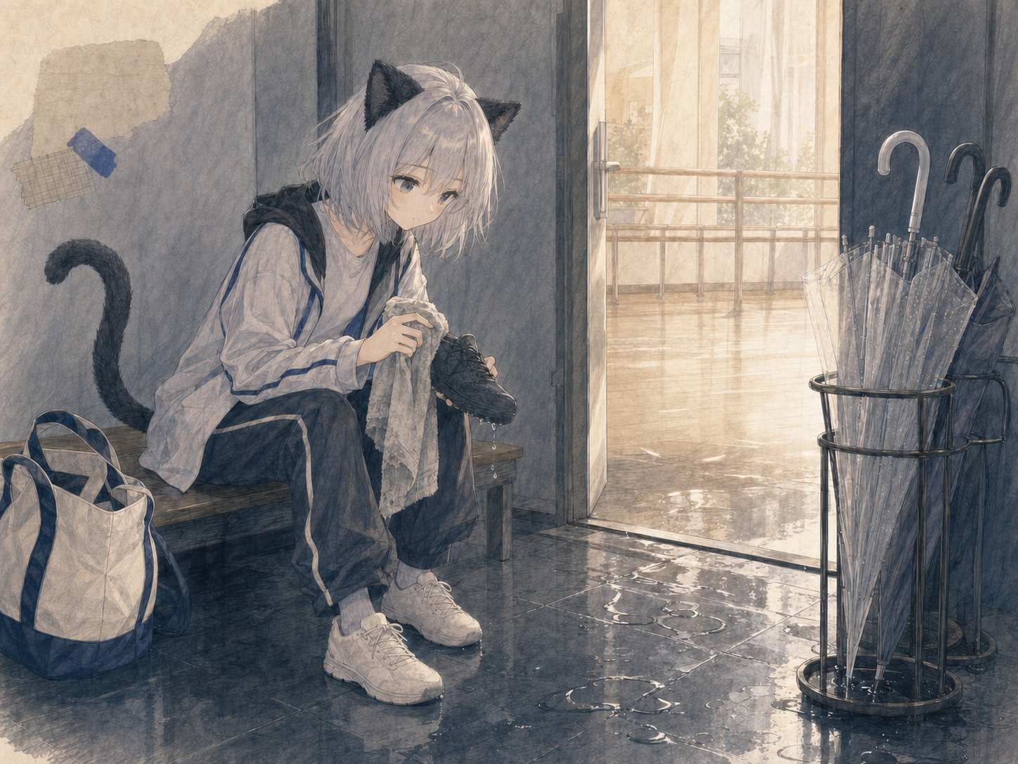雨のスタジオ玄関で、洗い込まれたタオルを使って練習靴の水気を拭くノンのイラスト。