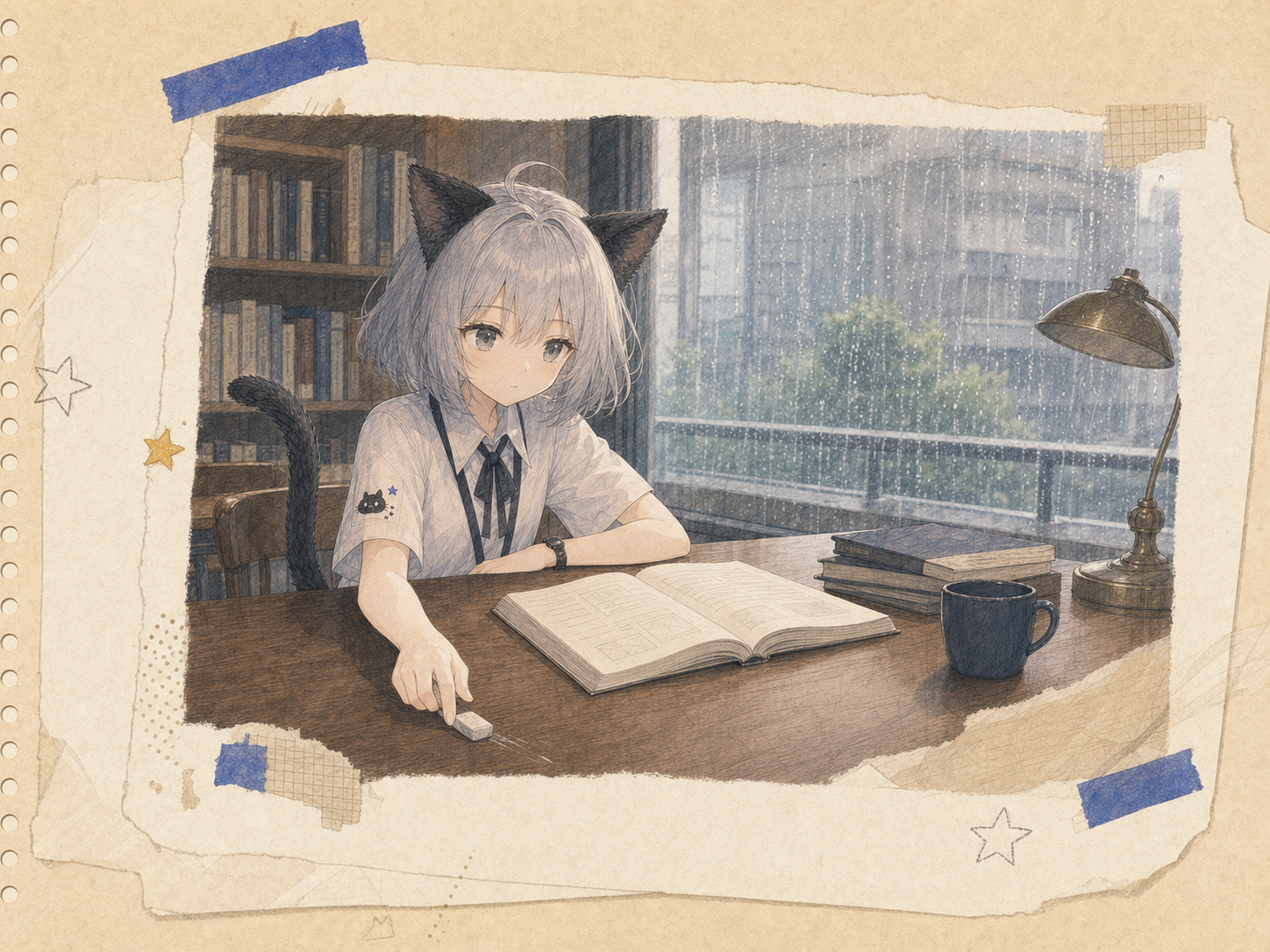 雨の図書室で、同じ行を何度も読んだ参考書の横から転がってきた消しゴムを隣席へ返すノンのイラスト。