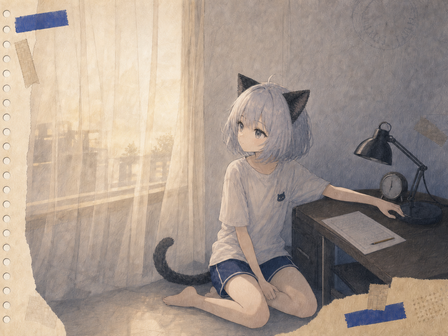 夏至の夕方、まだ明るいカーテンを見ながら消灯前の机に手を伸ばすノン。