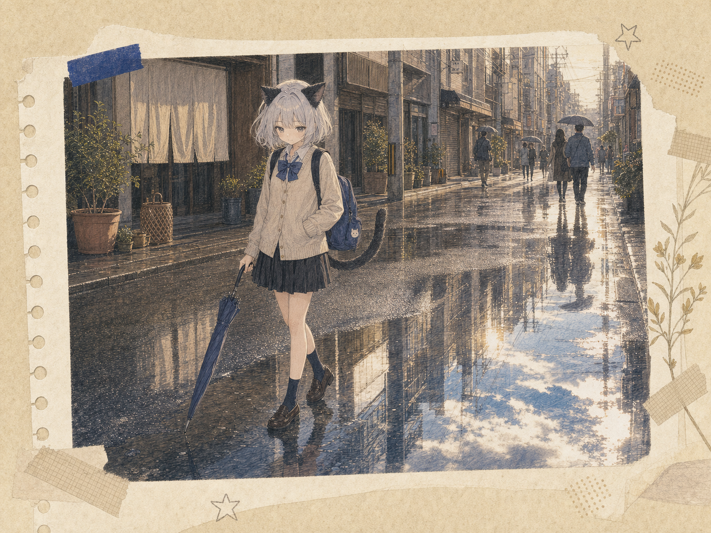 強い雨が上がった路地で、五月の明るい空が足元の水たまりから始まるように見つめるノンのイラスト。