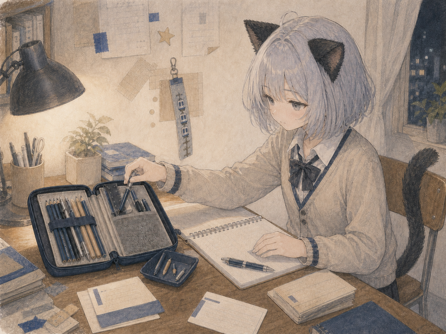 試験前の机で、短くなった鉛筆と書けないペンをよけ、紺色の筆箱へ最後の一本を戻すノンのイラスト。