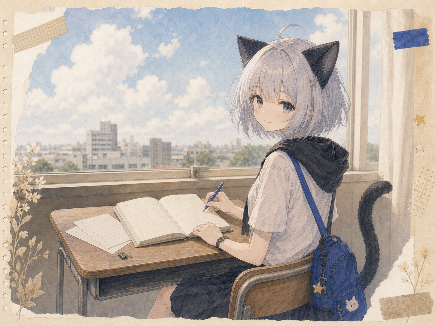 夏雲が見える教室で、白い夏服と黒いフードを着たノンが青いペンで予定帳を整理している。