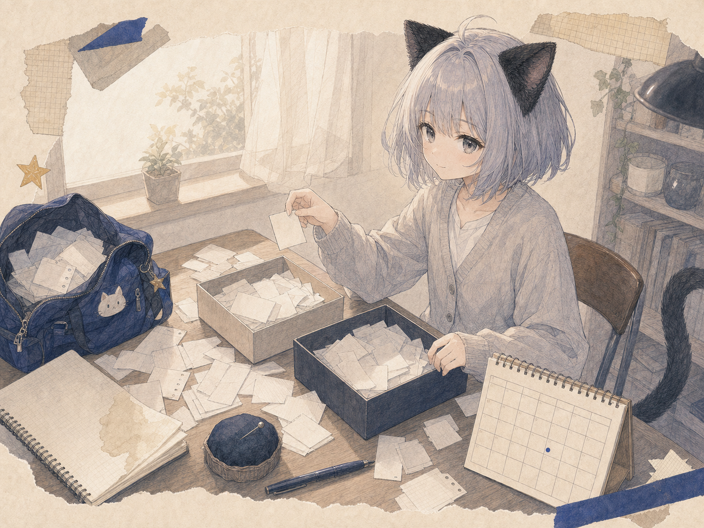 五月の終わりに、小さな紙片を二つの箱へ分けながら一枚だけ迷うノンのイラスト。