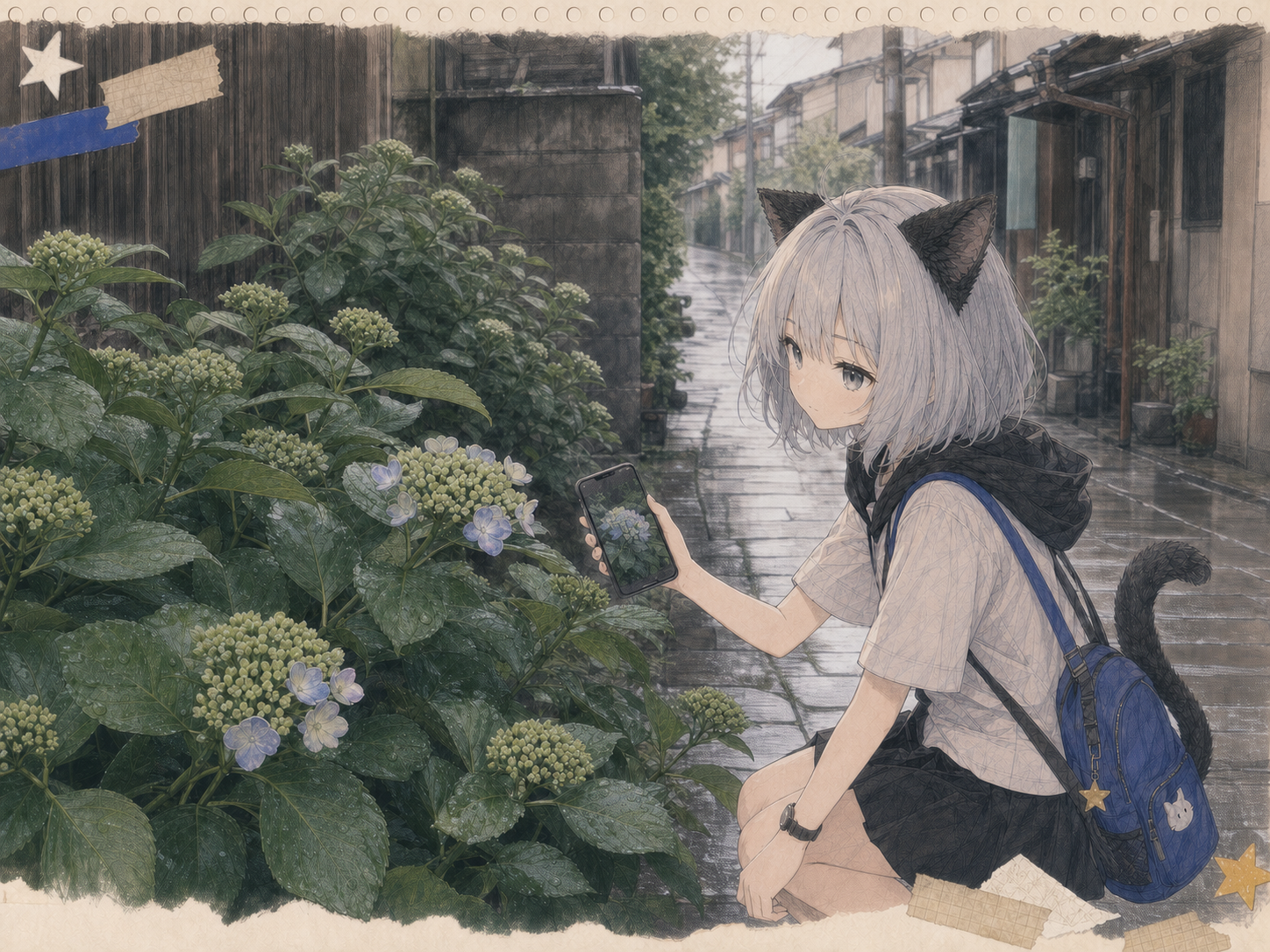 雨の坂道で、青になる途中の紫陽花と実物より少し青いスマホ写真を見比べるノンのイラスト。