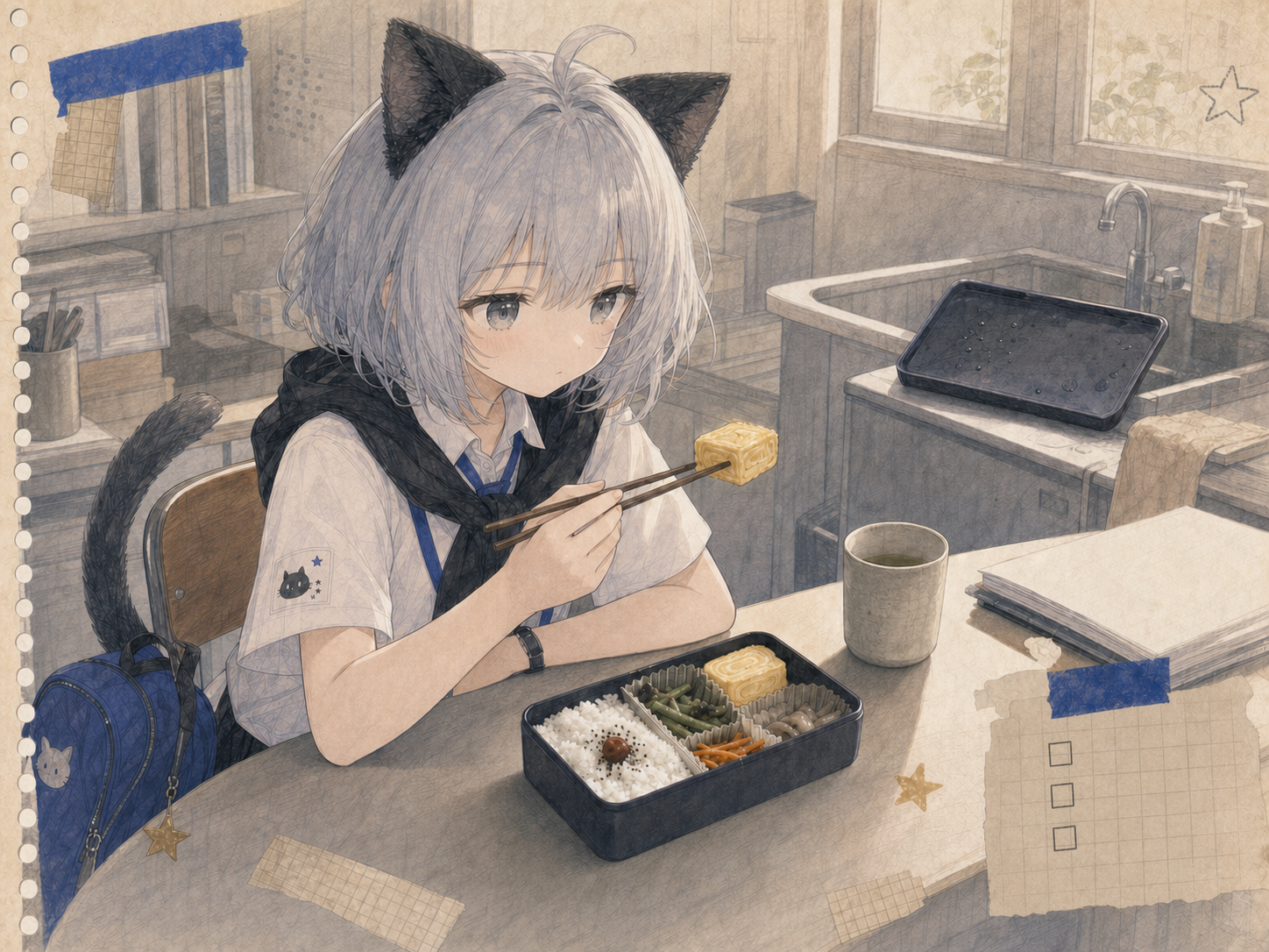 放課後の事務所で、最後まで残した甘い卵焼きの食べ方を静かに決めるノン。