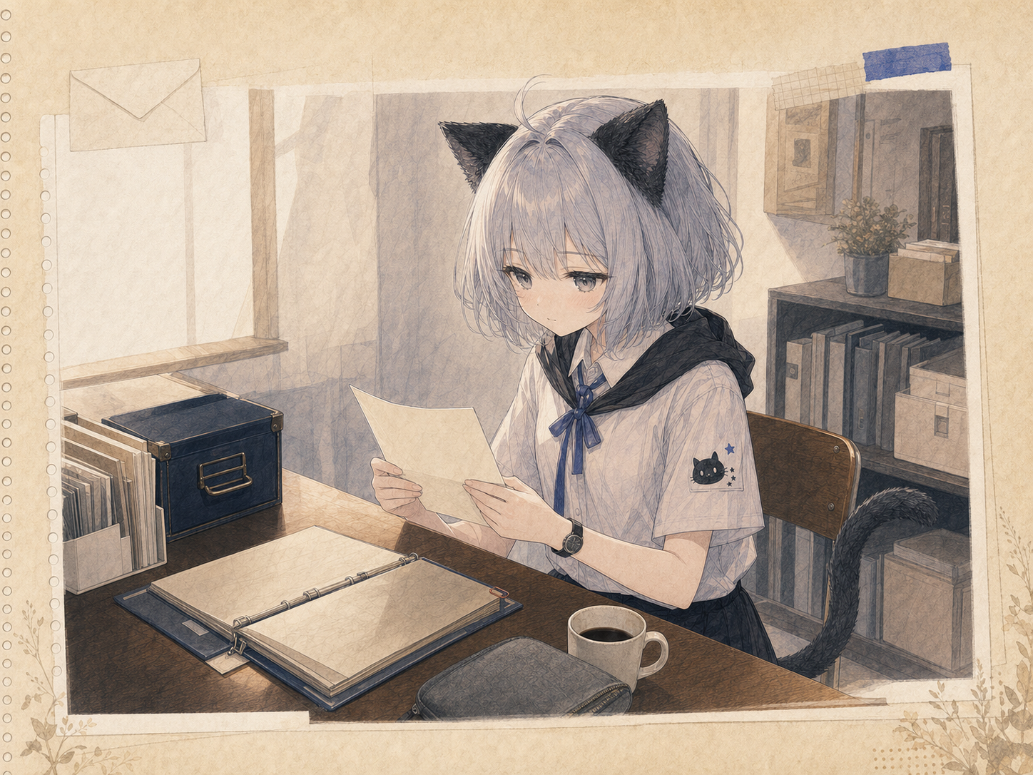 小さな事務所でファンレターを読み返し、紙を傷めないよう両手で持つノン。
