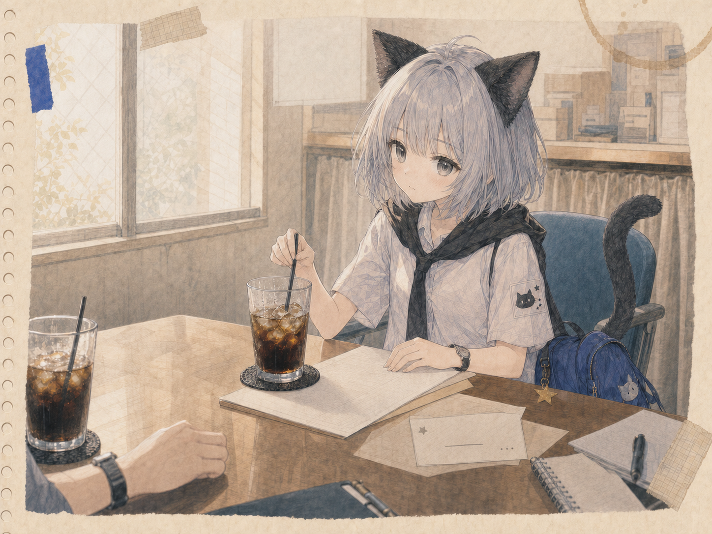 古い喫茶店で予定表に手を置き、氷を一つ動かしながら返事を考えるノン。