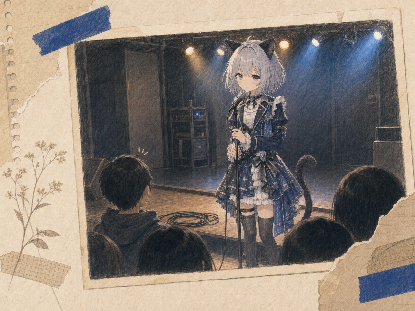 御徒町の小さなステージで一曲目を歌い終え、近い客席から返った小さなうなずきに表情をほどくノンのイラスト。