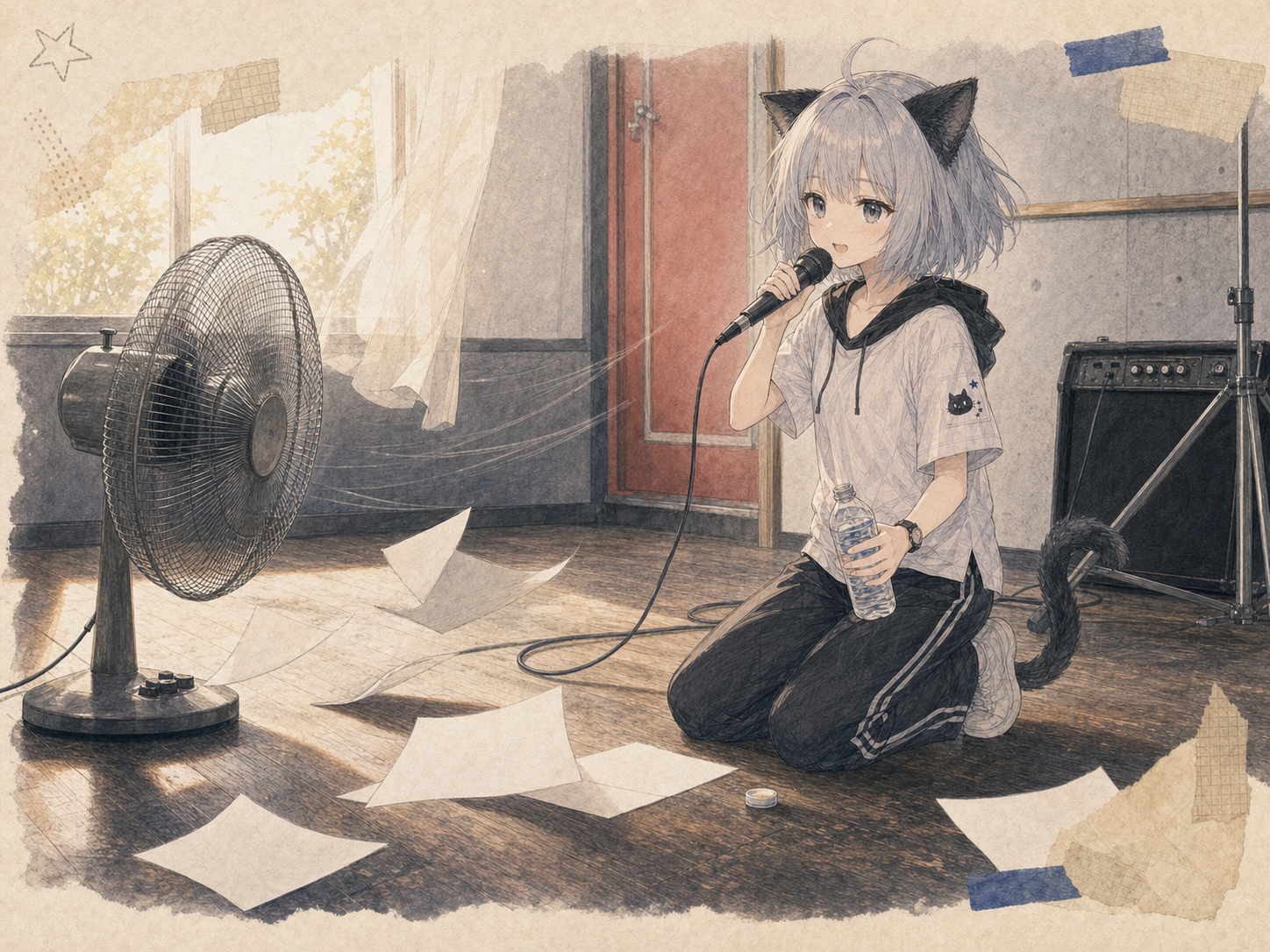古い扇風機に白い歌詞カードを飛ばされながら、紙を見ずにマイクへ声を出すノンのイラスト。