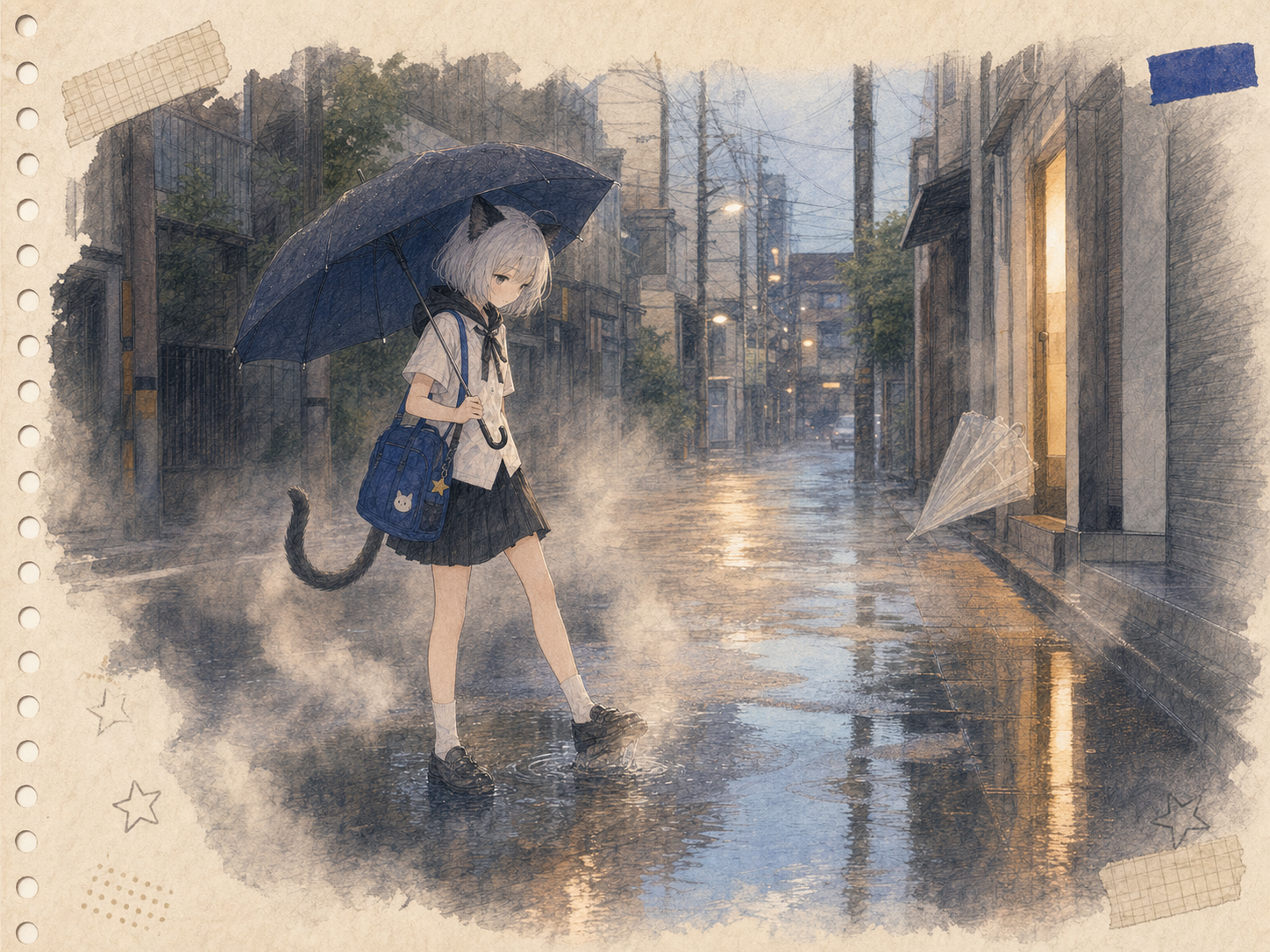 夕立後の路地で深い水たまりへ片足を入れ、白い水蒸気を見下ろすノン。