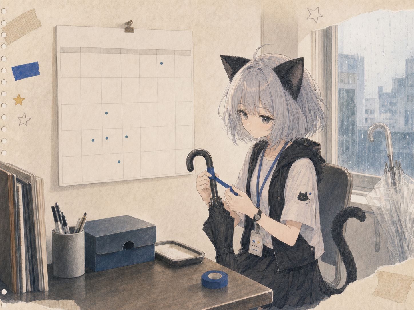 青い印だけの六月の予定表の前で、自分の傘の持ち手へ紺色のテープを巻くノンのイラスト。