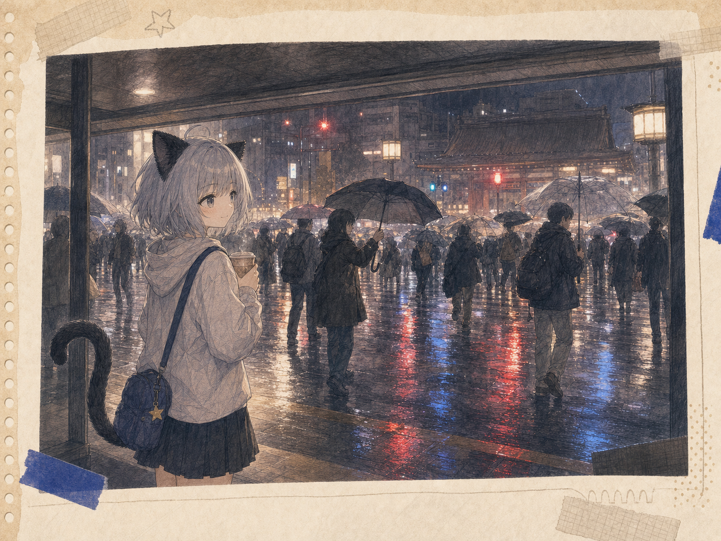 雨の浅草駅前の屋根の下で温かい飲み物を持ち、忙しく動く傘の骨を眺めるノンのイラスト。