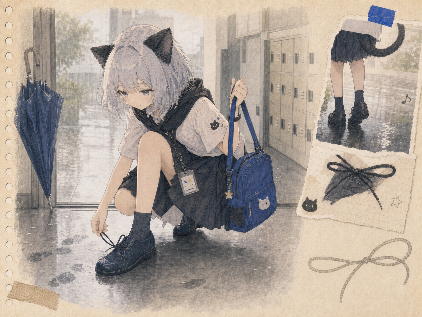 雨の昇降口で鞄を床へ置かずに持ち、三度目の靴ひもを強く結び直すノン。