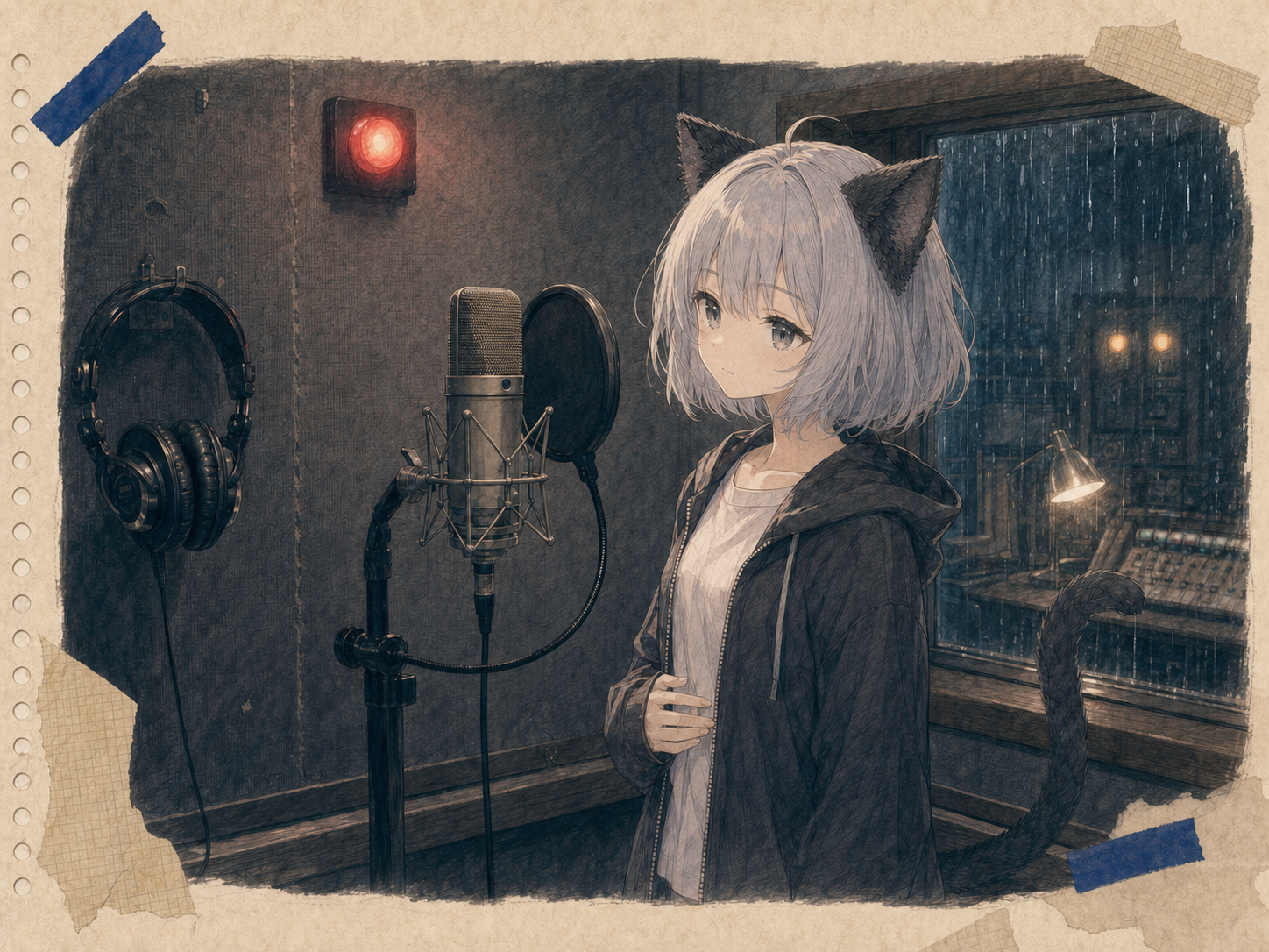雨の録音ブースで、瞬かない赤い灯りの下、一文を読み終えた呼吸を確かめるノンのイラスト。
