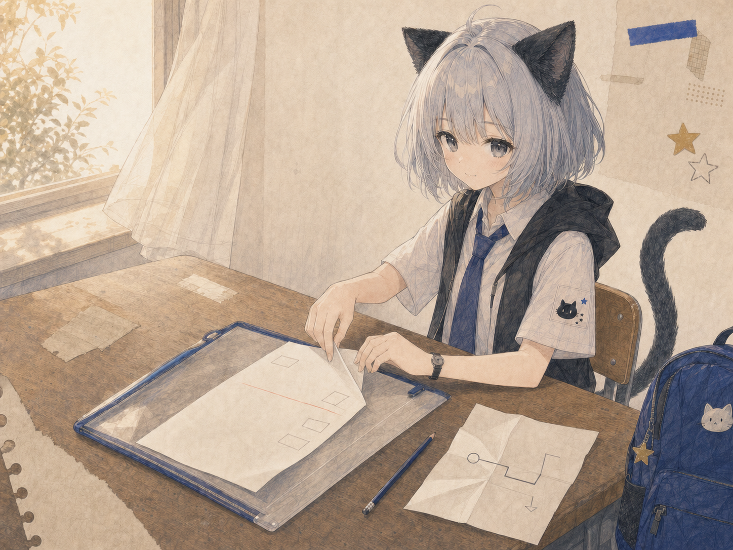 返された答案の直らない折り目を指で伸ばし、紺縁のファイルへしまうノンのイラスト。