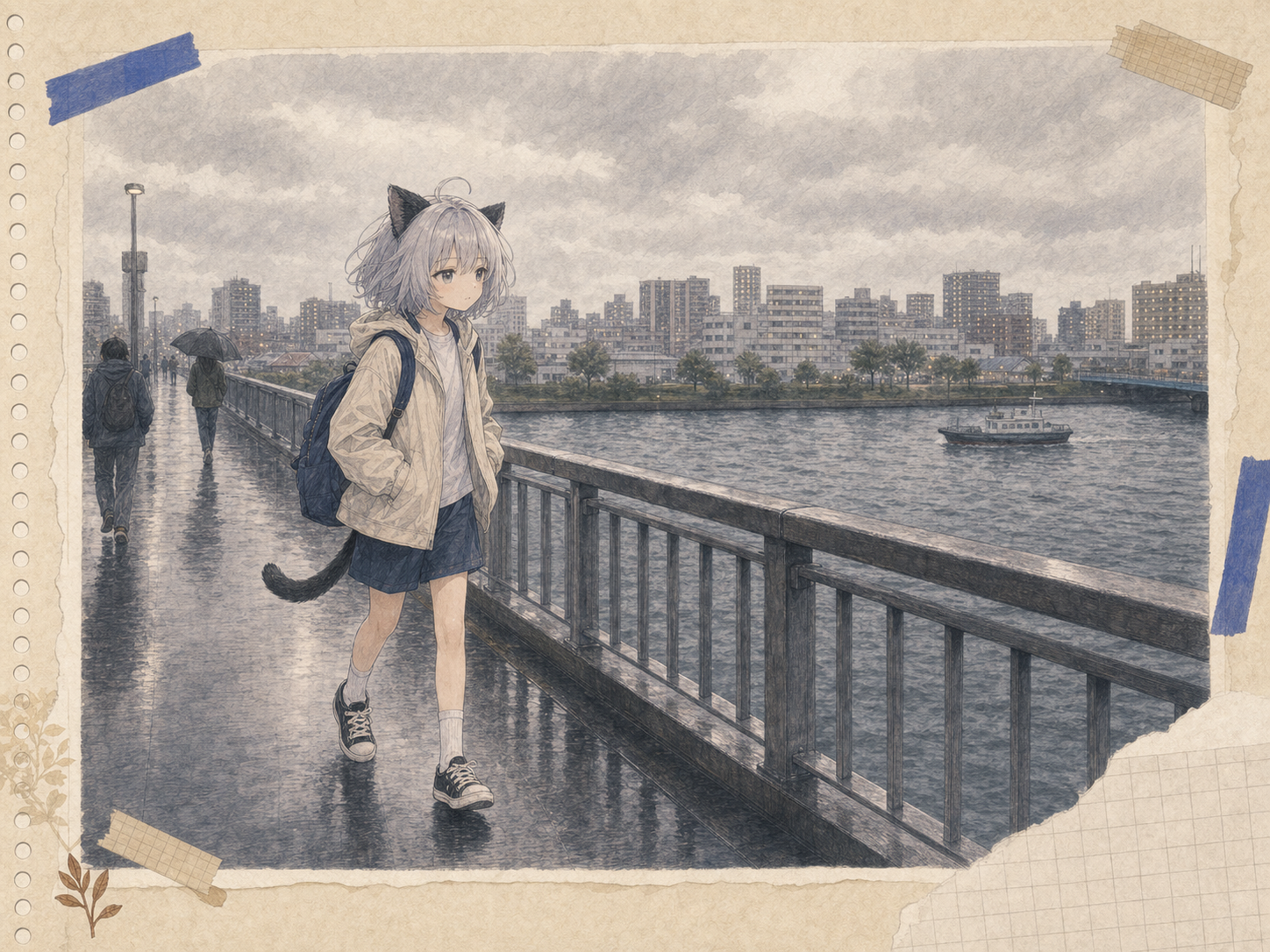 雨上がりの両国の橋で、同じように肩をすくめる人たちと冷たい北風の中を急ぐノンのイラスト。