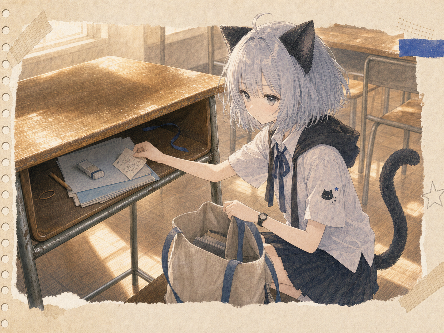 夏休み前の教室で、机の落書きを捨てずにノートへ挟むノン。