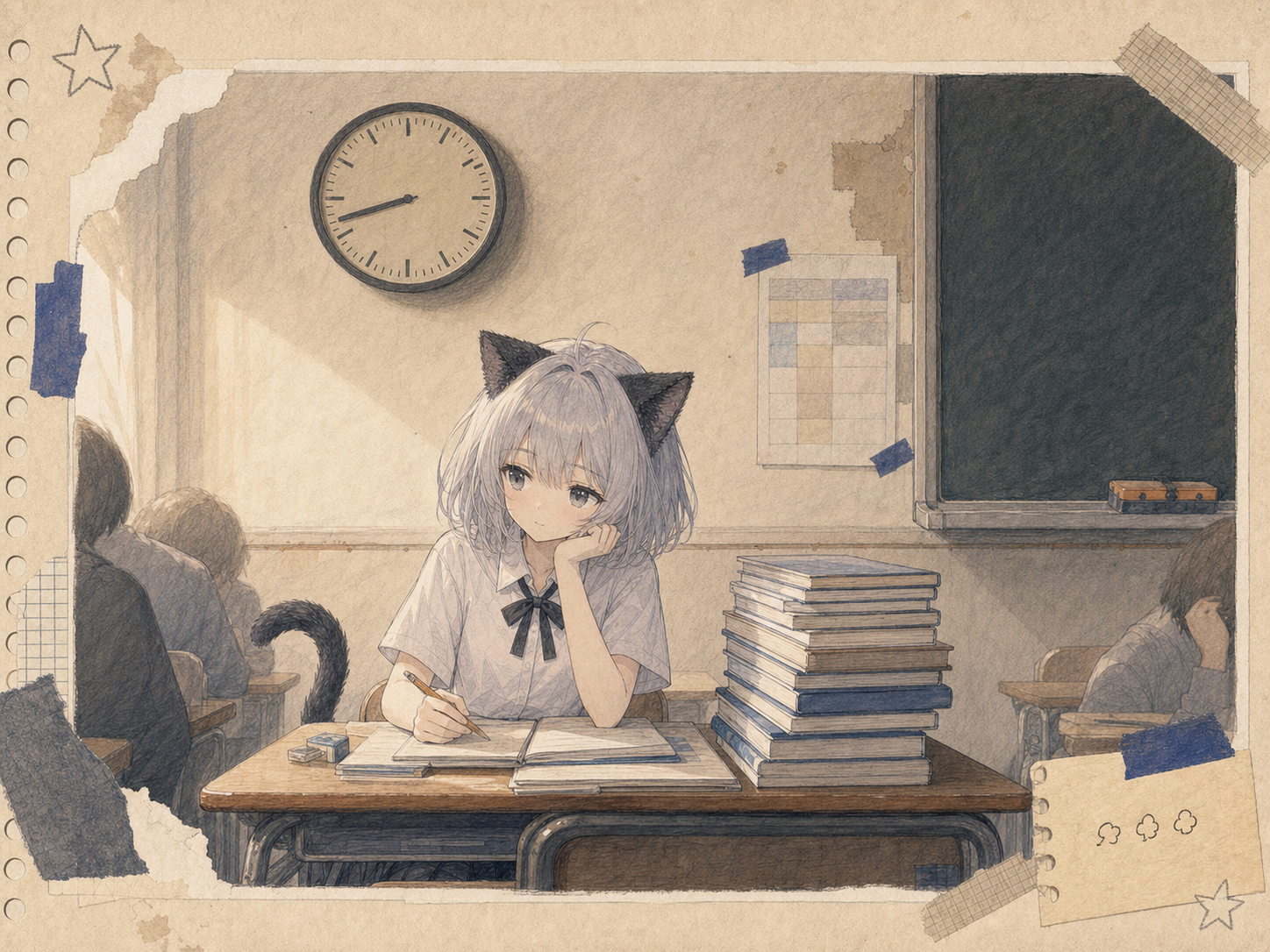 連休明けの眠そうな教室で、黒板上の時計と机に積まれた教科書を見るノンのイラスト。