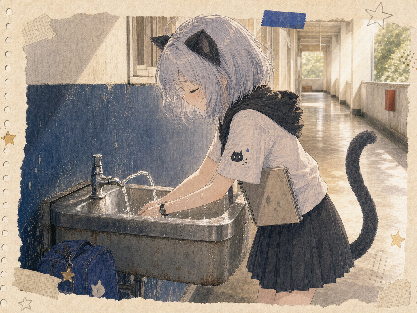 暑い学校の廊下で、水道の冷たい水を手首へ当てて一息つくノン。