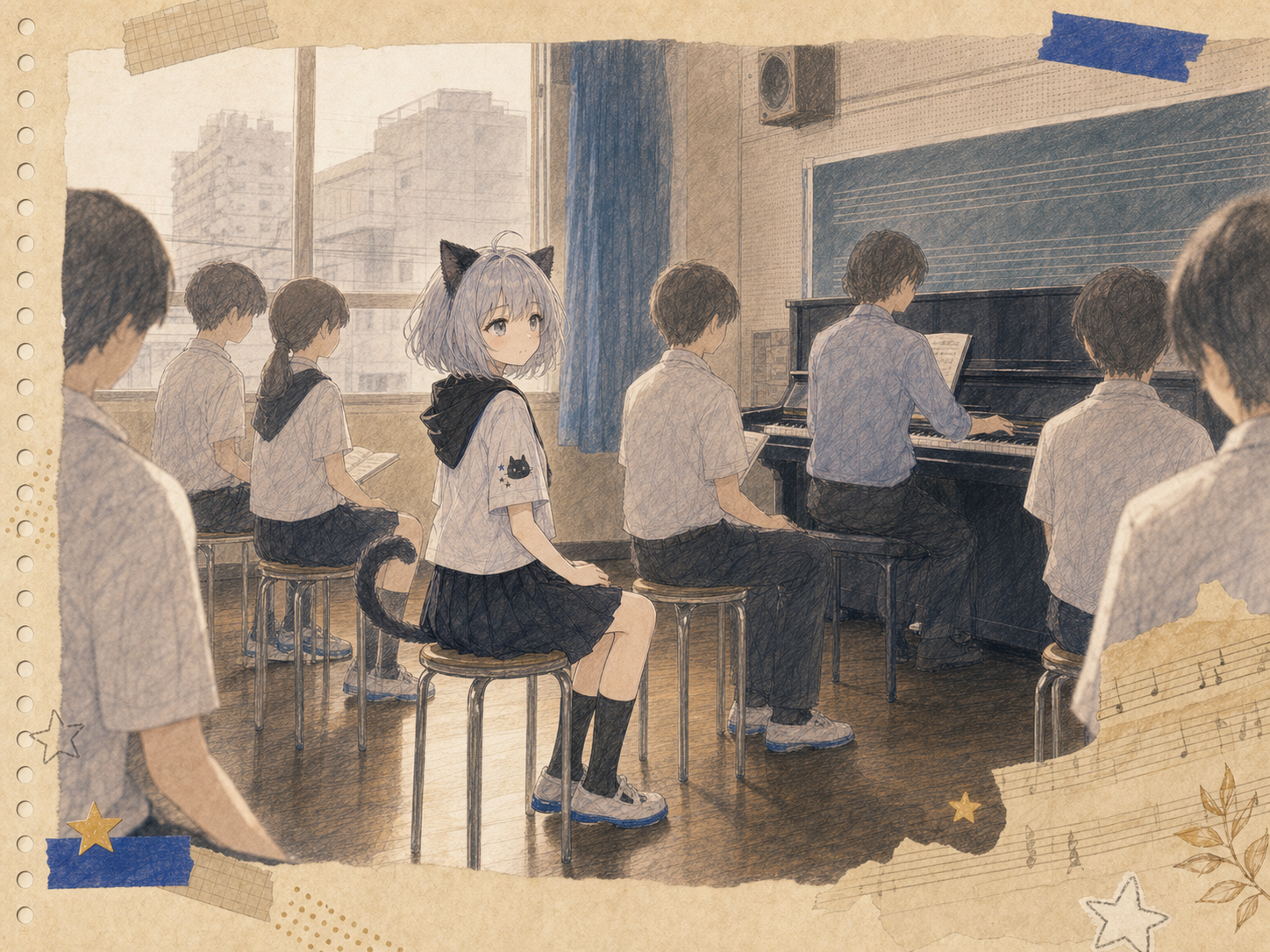 学校の音楽室で背もたれのない椅子へまっすぐ座り、クラスの声へ混ざるノン。